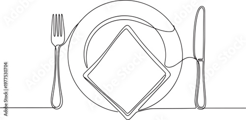 Fotografi Continuous line drawing of a minimalist place setting featuring a dinner plate w
