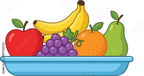 Colorful fruit plate illustration, including apple, banana, grapes, orange, and pear, vector EPS design, flat style, healthy food concept