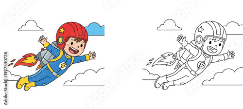 Cute Boy Flying with Jetpack Rocket Cartoon Vector Illustration and Coloring Book Page for Kids Education and Fun Creative Activity (142 characters)