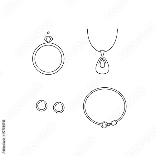 Minimalist jewelry line icons set, elegant diamond ring and necklace pendant vectors, stylish earring and bracelet collection for fashion branding