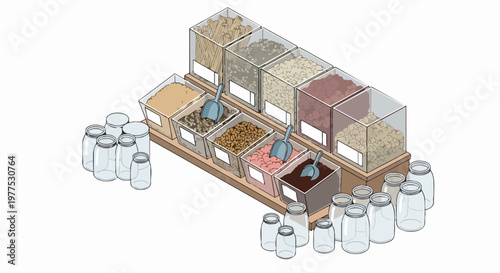 Isometric Illustration of a Zero Waste Bulk Store with Food Dispensers, Dry Goods, and Reusable Glass Jars for Sustainable, Plastic-Free Shopping