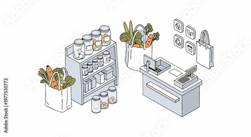 Isometric Illustration of Zero Waste Grocery Store with Reusable Bags and Bulk Glass Jars for Sustainable Living Concept
