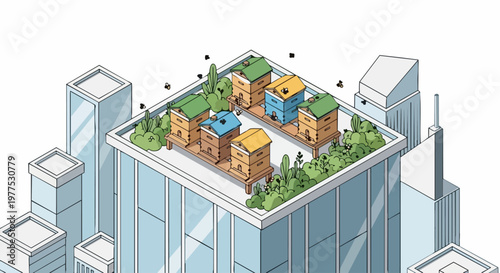 Urban Beekeeping and Rooftop Apiary on Modern City Skyscraper, Isometric Sustainability and Green Environment Concept Illustration