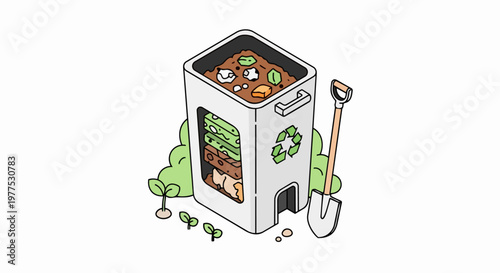 Isometric Compost Bin Illustration with Organic Waste Layers and Shovel