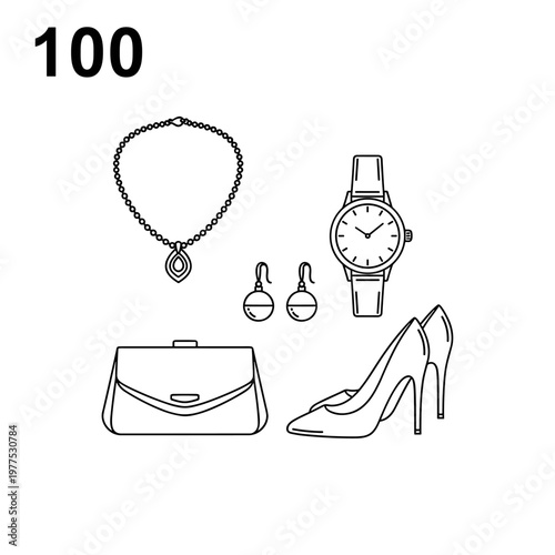 Minimalist fashion accessories vector set, 100 luxury jewelry and apparel icons, elegant line art of necklace, watch, earrings, handbag, and high heels
