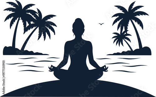 Silhouette of a person meditating in lotus position on a tropical island