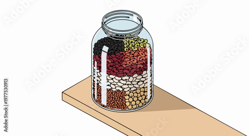 Glass Jar with Layers of Mixed Dried Beans and Legumes on a Wooden Shelf, Illustration of Healthy Pantry Storage and Vegan Protein Sources