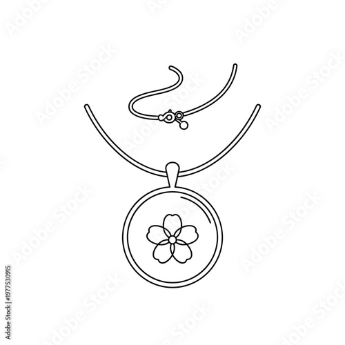 Minimalist necklace line icon, elegant flower pendant on chain vector, floral jewelry illustration for fashion branding and retail design