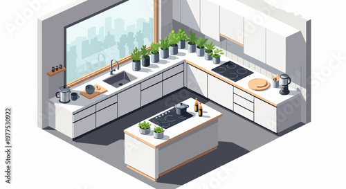 Modern Isometric Kitchen Interior with Urban Herb Garden and Minimalist Design