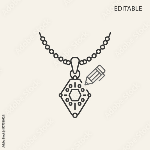 Minimalist jewelry design icon, custom pendant necklace with pencil, editable line art vector for jewelry making and craft workshop branding