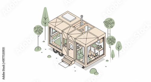 Modern Wooden Tiny House Isometric Illustration - 3D Cutaway View of a Sustainable Mobile Home with Minimalist Interior Design