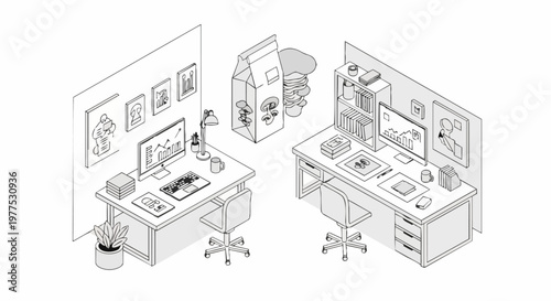 Modern Isometric Mushroom Cultivation Lab and Research Workspace Line Art Illustration