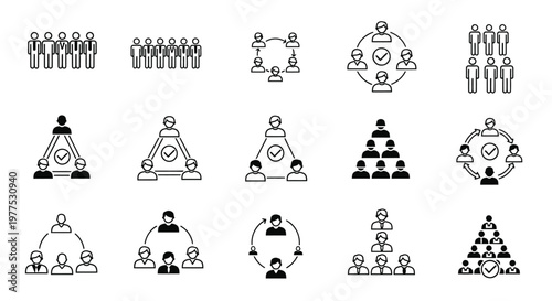 A collection of black and white line icons depicting various team structures and organizational hierarchies
