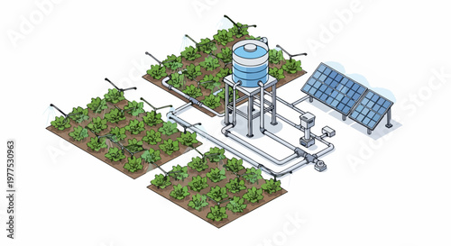 Smart Irrigation System Illustration with Solar Panels and Water Tank for Sustainable Agriculture and Automated Farming