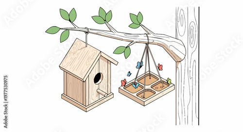 Minimalist Vector Illustration of a Wooden Birdhouse and Butterfly Feeder Hanging on a Tree Branch with Colorful Butterflies in a Garden
