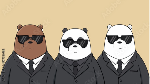 Cool bears in black suits and sunglasses vector illustration, grizzly panda and polar bear secret agents, funny animal bodyguards character art