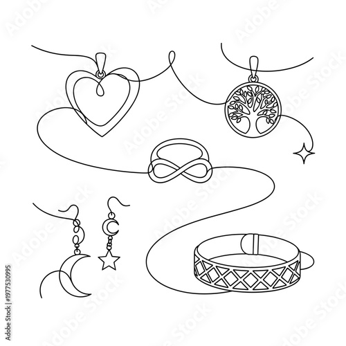 Minimalist jewelry line art collection, continuous line drawing of heart pendant and tree of life necklace, elegant earrings and infinity ring vector