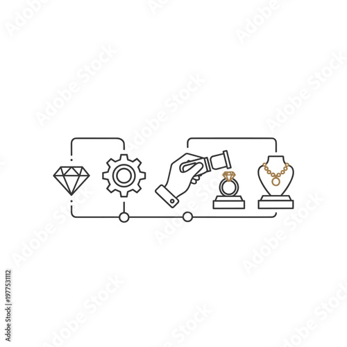 Jewelry manufacturing process line icons, diamond production and jewelry craft workflow, goldsmith workshop and luxury retail concept vector