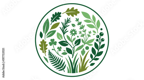 Circular emblem featuring an assortment of green leaves and plants, symbolizing nature and growth