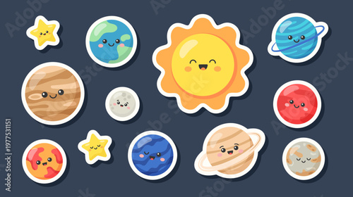 Collection of cute planet stickers. Vector illustration