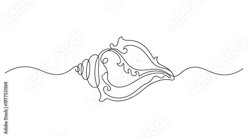 Elegant seashell drawing on a wavy line background