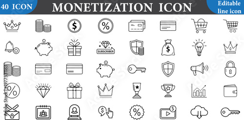 Monetization icons including money, shopping, and finance symbols in editable line style