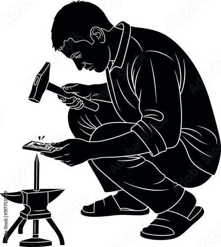Black and white illustration of a blacksmith working at a forge hammering hot metal with precision