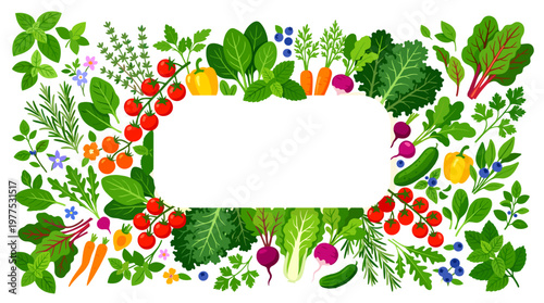 Vibrant array of farm-fresh, organic vegetables and aromatic herbs creating a beautiful, natural frame, ideal for promoting healthy eating, nutrition, and wholesome lifestyle concepts
