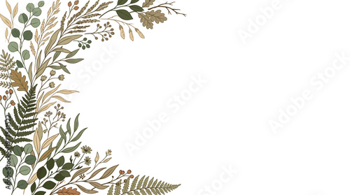 Elegant botanical illustration with a rustic touch, featuring a variety of leaves and ferns in a soft, muted color palette for a natural and organic feel