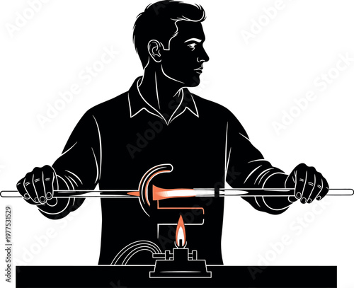 A vintage illustration depicts a glassblower skillfully shaping molten glass with tools and a furnace