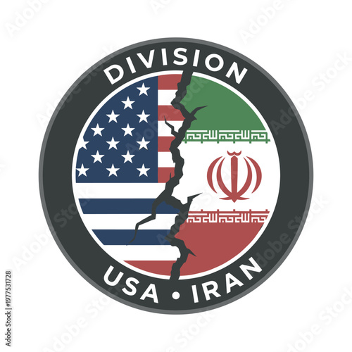 Conceptual Graphic Illustration Representing Geopolitical Division and Diplomatic Rift Between the United States and Iran with Cracked Texture