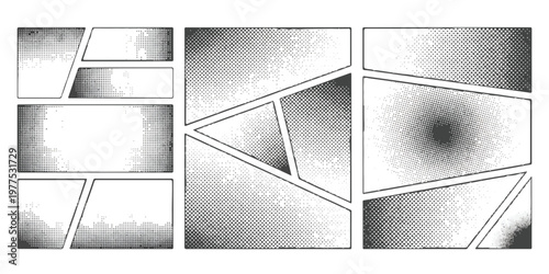 Fotografía A black and white comic book page template with empty panels featuring various geometric shapes