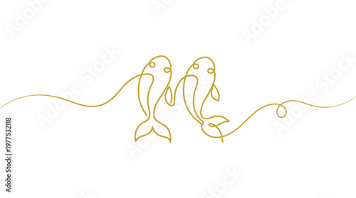 Elegant gold line art of two koi fish swimming together symbolizing harmony and connection on a clean white background