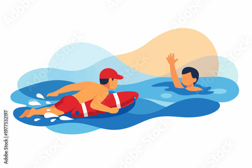 Lifeguard Swimming with Rescue Buoy to Save Drowning Person