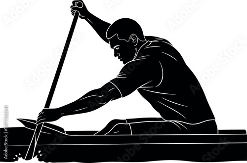 A striking black and white illustration of a determined rower in action showcasing strength and focus on the water