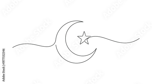 Minimalist single line drawing of a crescent moon and star with flowing dashed lines representing celestial beauty and islamic tradition