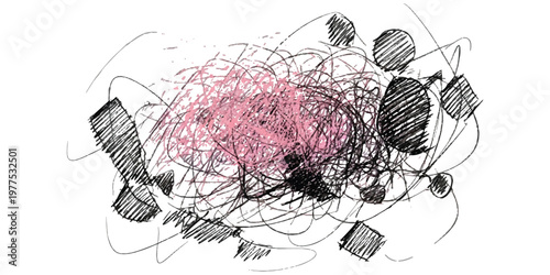 An abstract hand drawn sketch featuring chaotic black ink lines and a central textured pink shape.