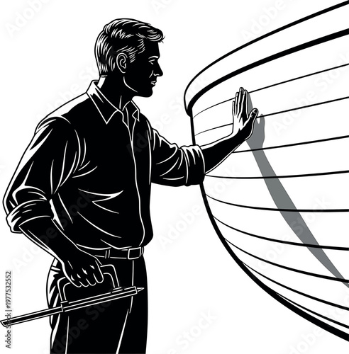 A contemplative man stands beside a classic wooden boat gazing into the distance with a sense of longing and reflection