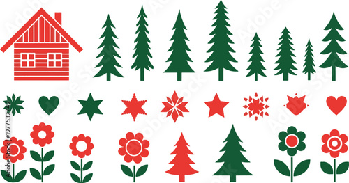 Red and green rustic cottage pine trees blooming flowers stars and hearts collection for scandinavian winter holiday greetings and folk style seasonal nature icon set