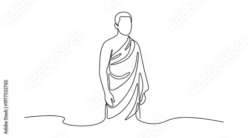 Minimalist single line drawing of a monk standing in water, representing spirituality and meditation