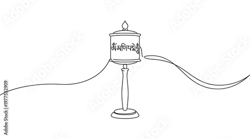 Tibetan prayer wheel with mantras spinning in the wind, a symbol of peace and spirituality