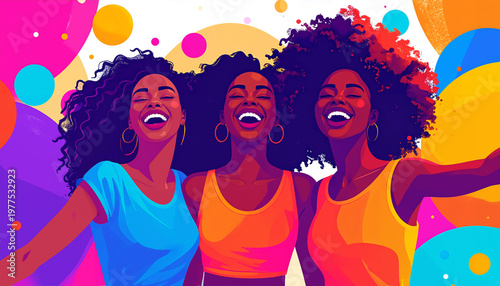 Three smiling Black women against a colorful abstract background  