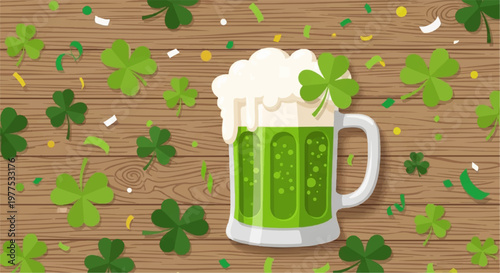 St Patricks Day vector illustration of a green beer mug with white foam and clovers on a wooden texture background