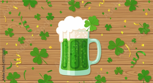 Festive St Patricks Day vector graphic featuring a green beer mug with foam and clovers on a wooden plank background