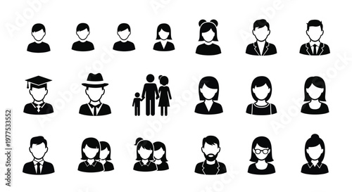 A collection of diverse solid black silhouette icons depicting various people and their hairstyles
