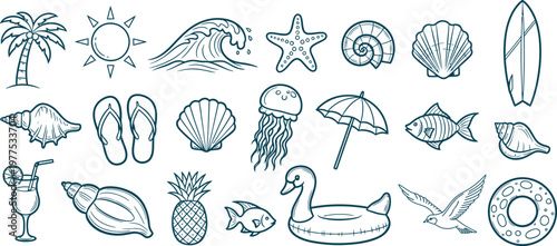 A set of beach icons including palm tree, sun, wave, starfish, seashells, surfboard, flip flops, umbrella, fish, and tropical drink