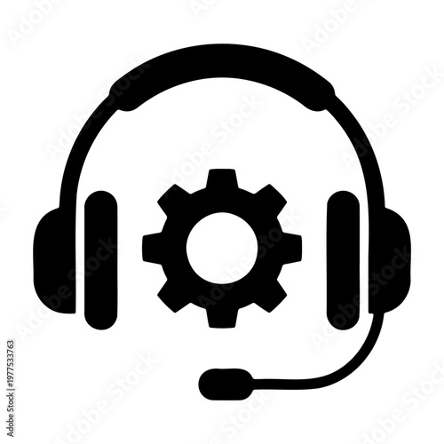 Technical support headset with gear icon for it help desk and customer service assistance online now