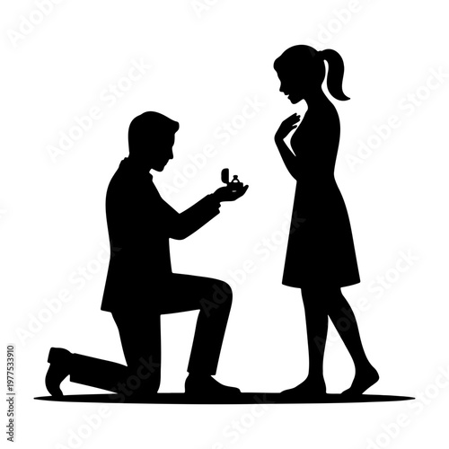 Silhouette of man proposing to woman with engagement ring vector illustration graphic design