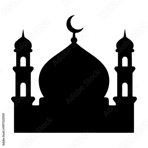 Mosque silhouette vector illustration islamic architecture design with crescent moon and towers icon