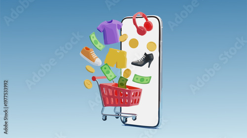3D mobile shopping concept with smartphone and red cart, online store fashion items and money flying out of screen, digital retail e-commerce vector